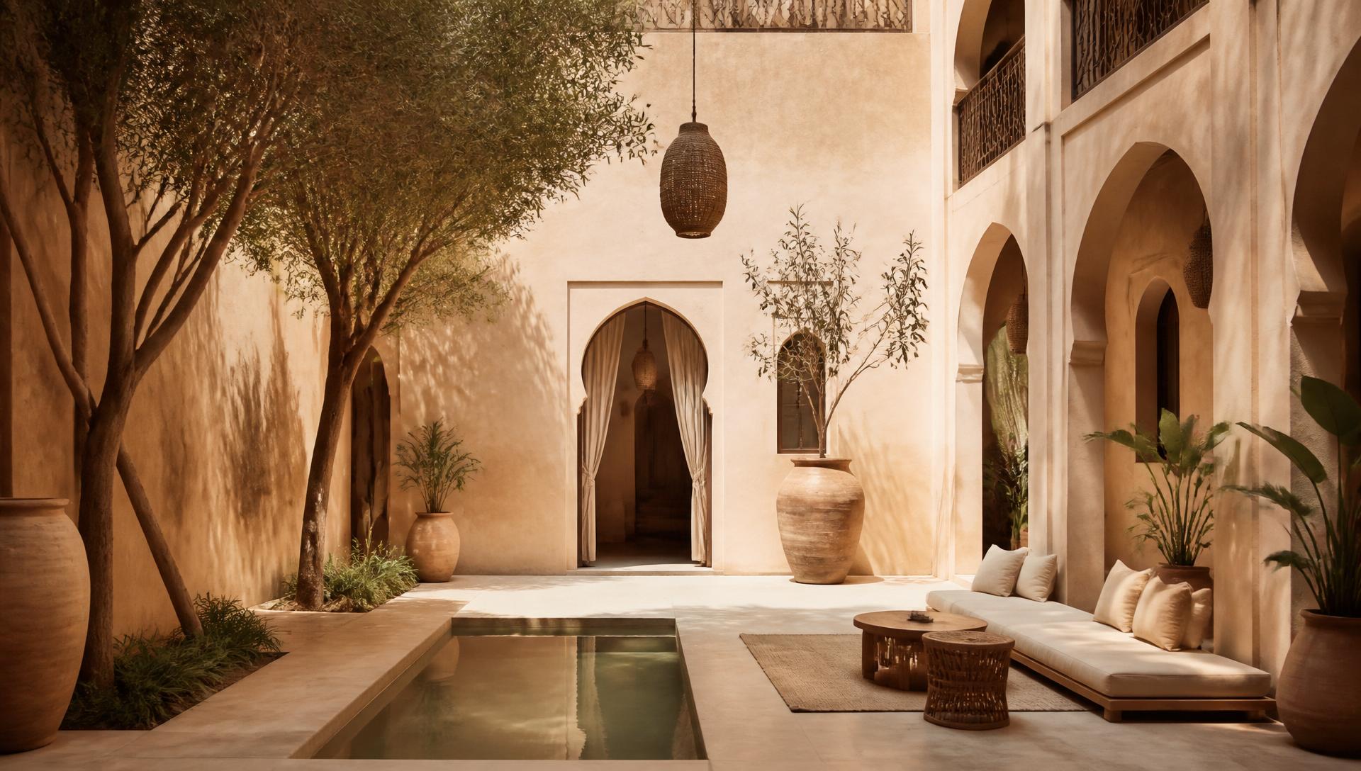 Cour de riad baignée de soleil à Marrakech